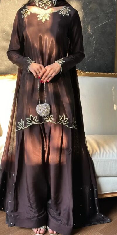 NF 1270 Brown Natural Crep Salwar Suit Brown with Embroidery Work. Exclusive Offer ₹1899. Delivery 4-6 Working Days. Shop now. | Casual Suits, Jump Suits, Creative suits, Designer Suits, Palazzo Suits, Party Wear Suits, Patiala Suits, Salwar suit, Straight Suits