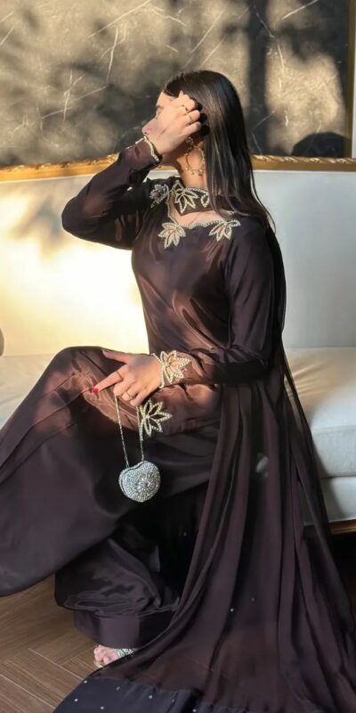 NF 1270 Brown Natural Crep Salwar Suit Brown with Embroidery Work. Exclusive Offer ₹1899. Delivery 4-6 Working Days. Shop now. | Casual Suits, Jump Suits, Creative suits, Designer Suits, Palazzo Suits, Party Wear Suits, Patiala Suits, Salwar suit, Straight Suits
