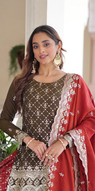KA 1226 Brown Vichitra Silk Salwar Suit with Zari Work & Embroidery Work. Introductory Price ₹2649. Delivery 4-6 Working Days. Shop now. | Casual Suits, Jump Suits, Creative suits, Designer Suits, Palazzo Suits, Party Wear Suits, Patiala Suits, Salwar suit, Straight Suits