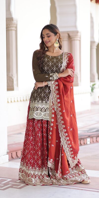 KA 1226 Brown Vichitra Silk Salwar Suit with Zari Work & Embroidery Work. Introductory Price ₹2649. Delivery 4-6 Working Days. Shop now. | Casual Suits, Jump Suits, Creative suits, Designer Suits, Palazzo Suits, Party Wear Suits, Patiala Suits, Salwar suit, Straight Suits