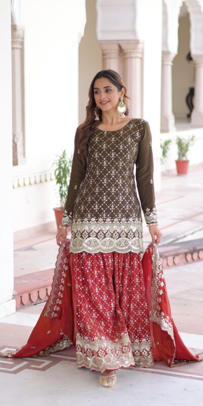 KA 1226 Brown Vichitra Silk Salwar Suit with Zari Work & Embroidery Work. Introductory Price ₹2649. Delivery 4-6 Working Days. Shop now. | Casual Suits, Jump Suits, Creative suits, Designer Suits, Palazzo Suits, Party Wear Suits, Patiala Suits, Salwar suit, Straight Suits