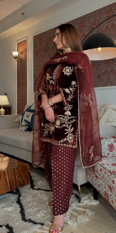 MF 488 Brown Viscose Velvet Salwar Suit. Perfect for Wedding, Party, Lohri, Makar Sankranti, Engagement – Affordable Price ₹2149. Delivery 4-6 Workin | Casual Suits, Jump Suits, Creative suits, Designer Suits, Palazzo Suits, Party Wear Suits, Patiala Suits, Salwar suit, Straight Suits