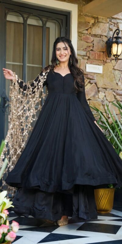 JF 036 Black Color Classic Roman Silk Gown with Embroidery Work. Available at ₹2599 only. Delivery 4-6 Working Days. Shop now. | Bollywood Gowns, Creative Gowns, Designer Gowns, Embroidered Gowns, Gowns, Party Wear Gowns