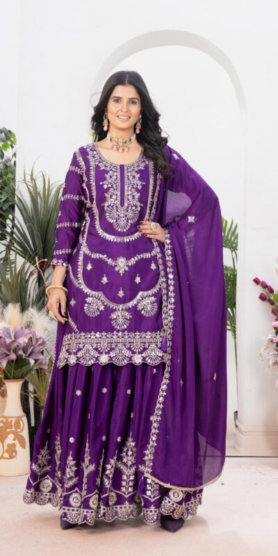 ND 5033 Dark Purple Chinon Silk Salwar Suit with Embroidery Work & Lace Work. Affordable Price ₹2149. Delivery 4-6 Working Days. Shop now. | Casual Suits, Jump Suits, Creative suits, Designer Suits, Palazzo Suits, Party Wear Suits, Patiala Suits, Salwar suit, Straight Suits