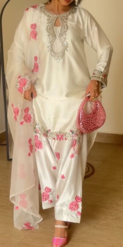 MD 3081 Off White Japan Satin Salwar Suit Perfect for Wedding, Party, Durga Puja, Traditional Day, Temple Visit – . Introductory Price ₹2549. Deli | Casual Suits, Jump Suits, Creative suits, Designer Suits, Palazzo Suits, Party Wear Suits, Patiala Suits, Salwar suit, Straight Suits