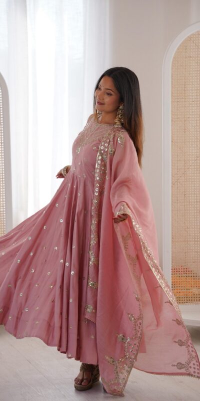 JF 038 Pink Roman Silk Gown with Embroidery Work. Wedding, Party, Festive, Events, Navratri, Exclusive Offer ₹2149. Delivery 4-6 Working Days. Shop now. | Bollywood Gowns, Creative Gowns, Designer Gowns, Embroidered Gowns, Gowns, Party Wear Gowns