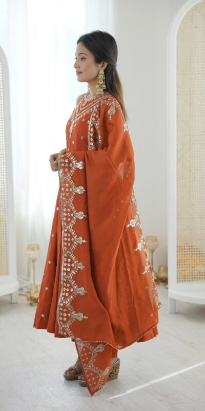 JF 038 Rust Roman Silk Gown with Embroidery Work. Wedding, Party, Festive, Events, Navratri, Exclusive Offer ₹2149. Delivery 4-6 Working Days. Shop now. | Bollywood Gowns, Creative Gowns, Designer Gowns, Embroidered Gowns, Gowns, Party Wear Gowns