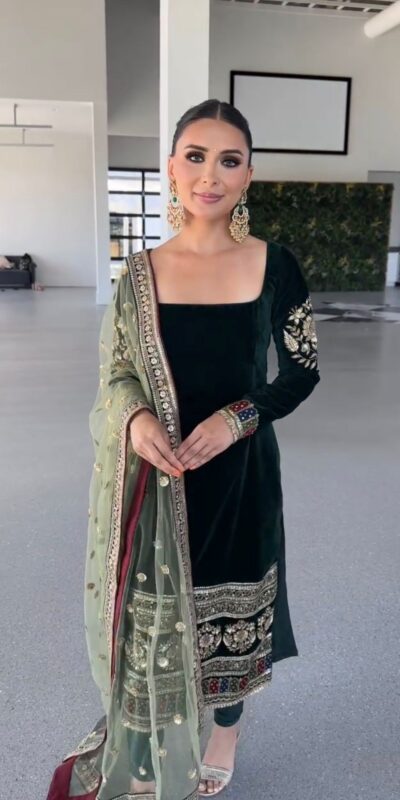 MF 487 Green Color Viscous Velvet Salwar Suit with Embroidery Work. Grab it for ₹2149. Delivery 4-6 Working Days. Shop now. | Casual Suits, Jump Suits, Creative suits, Designer Suits, Palazzo Suits, Party Wear Suits, Patiala Suits, Salwar suit, Straight Suits