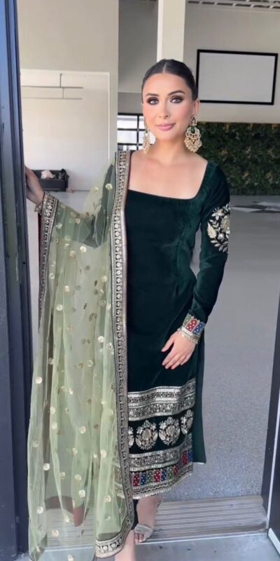 MF 487 Green Color Viscous Velvet Salwar Suit with Embroidery Work. Grab it for ₹2149. Delivery 4-6 Working Days. Shop now. | Casual Suits, Jump Suits, Creative suits, Designer Suits, Palazzo Suits, Party Wear Suits, Patiala Suits, Salwar suit, Straight Suits