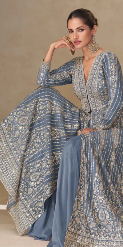 FC 10355 Grey Chinon Silk Salwar Suit with Embroidery Work & Lace Work. Affordable Price ₹3699. Delivery 4-6 Working Days. Shop now. | Casual Suits, Jump Suits, Creative suits, Designer Suits, Palazzo Suits, Party Wear Suits, Patiala Suits, Salwar suit, Straight Suits