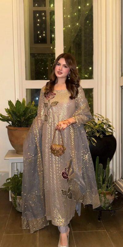 ST 1162 Grey in Faux Georgette Sequins Work & Embroidery Work Salwar Suit . Get it for ₹1999. Delivery 4-6 Working Days. Shop now. | Casual Suits, Jump Suits, Creative suits, Designer Suits, Palazzo Suits, Party Wear Suits, Patiala Suits, Salwar suit, Straight Suits