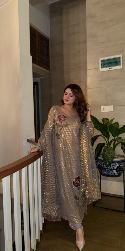 ST 1162 Grey in Faux Georgette Sequins Work & Embroidery Work Salwar Suit . Get it for ₹1999. Delivery 4-6 Working Days. Shop now. | Casual Suits, Jump Suits, Creative suits, Designer Suits, Palazzo Suits, Party Wear Suits, Patiala Suits, Salwar suit, Straight Suits