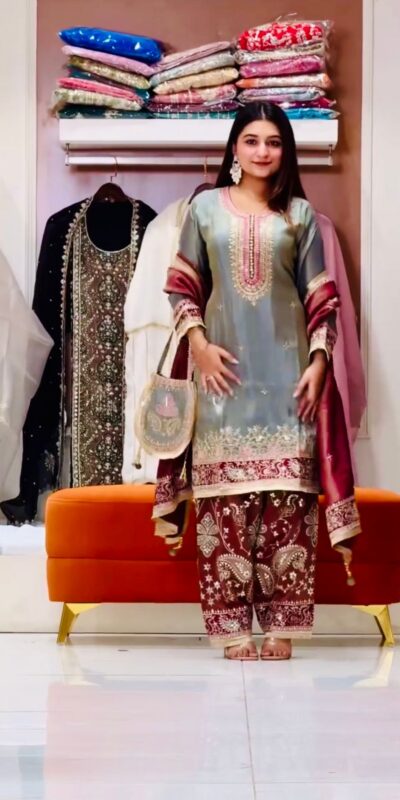 ST 238 Grey in Zimmy Silk. Embroidery Work Salwar Suit Wedding, Party, Festive, Events, Now at just ₹2149. Delivery 4-6 Working Days. Shop now. | Casual Suits, Jump Suits, Creative suits, Designer Suits, Palazzo Suits, Party Wear Suits, Patiala Suits, Salwar suit, Straight Suits