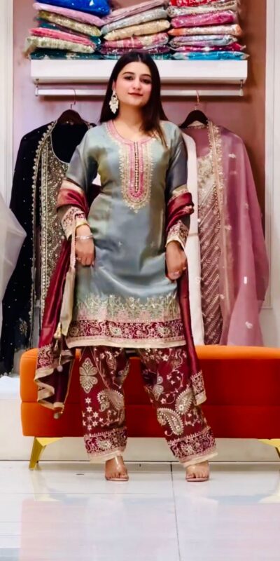 ST 238 Grey in Zimmy Silk. Embroidery Work Salwar Suit Wedding, Party, Festive, Events, Now at just ₹2149. Delivery 4-6 Working Days. Shop now. | Casual Suits, Jump Suits, Creative suits, Designer Suits, Palazzo Suits, Party Wear Suits, Patiala Suits, Salwar suit, Straight Suits