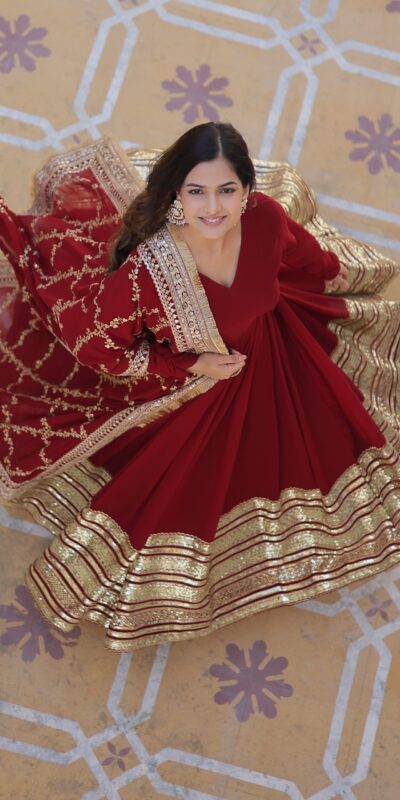 KA 1082 Maroon Faux Blooming Gown with Embroidery Work & Zari Work. Available at ₹3149 only. Delivery 4-6 Working Days. Shop now. | Bollywood Gowns, Creative Gowns, Designer Gowns, Embroidered Gowns, Gowns, Party Wear Gowns