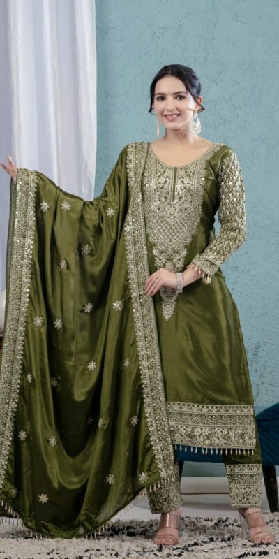 MF 444 Mehandi Chnnon Silk Salwar Suit with Lace Work & Embroidery Work. Introductory Price ₹2099. Delivery 4-6 Working Days. Shop now. | Casual Suits, Jump Suits, Creative suits, Designer Suits, Palazzo Suits, Party Wear Suits, Patiala Suits, Salwar suit, Straight Suits