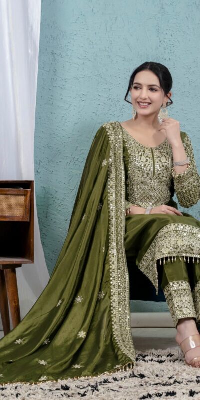 MF 444 Mehandi Chnnon Silk Salwar Suit with Lace Work & Embroidery Work. Introductory Price ₹2099. Delivery 4-6 Working Days. Shop now. | Casual Suits, Jump Suits, Creative suits, Designer Suits, Palazzo Suits, Party Wear Suits, Patiala Suits, Salwar suit, Straight Suits