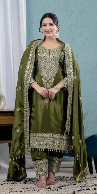 MF 444 Mehandi Chnnon Silk Salwar Suit with Lace Work & Embroidery Work. Introductory Price ₹2099. Delivery 4-6 Working Days. Shop now. | Casual Suits, Jump Suits, Creative suits, Designer Suits, Palazzo Suits, Party Wear Suits, Patiala Suits, Salwar suit, Straight Suits