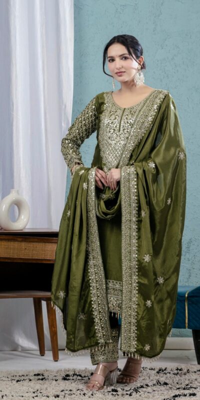 MF 444 Mehandi Chnnon Silk Salwar Suit with Lace Work & Embroidery Work. Introductory Price ₹2099. Delivery 4-6 Working Days. Shop now. | Casual Suits, Jump Suits, Creative suits, Designer Suits, Palazzo Suits, Party Wear Suits, Patiala Suits, Salwar suit, Straight Suits