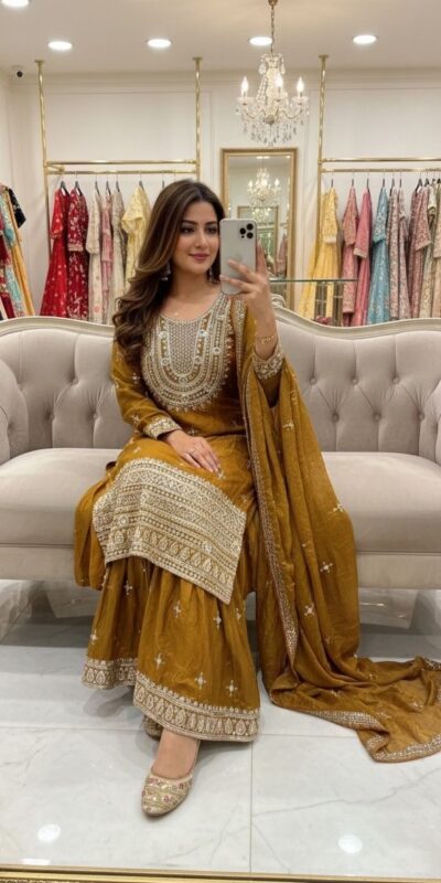 WW 1249 Mustered Fendy Silk Salwar Suit with Mirror Work & Embroidery Work. Best Price ₹2399. Delivery 4-6 Working Days. Shop now. | Casual Suits, Jump Suits, Creative suits, Designer Suits, Palazzo Suits, Party Wear Suits, Patiala Suits, Salwar suit, Straight Suits