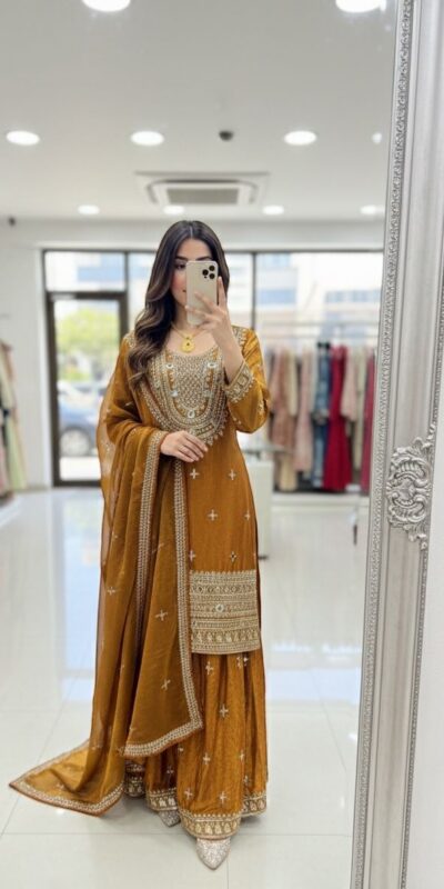 WW 1249 Mustered Fendy Silk Salwar Suit with Mirror Work & Embroidery Work. Best Price ₹2399. Delivery 4-6 Working Days. Shop now. | Casual Suits, Jump Suits, Creative suits, Designer Suits, Palazzo Suits, Party Wear Suits, Patiala Suits, Salwar suit, Straight Suits