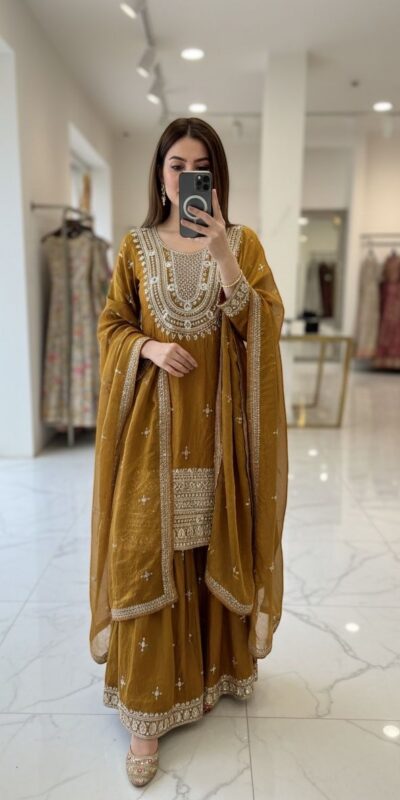 WW 1249 Mustered Fendy Silk Salwar Suit with Mirror Work & Embroidery Work. Best Price ₹2399. Delivery 4-6 Working Days. Shop now. | Casual Suits, Jump Suits, Creative suits, Designer Suits, Palazzo Suits, Party Wear Suits, Patiala Suits, Salwar suit, Straight Suits