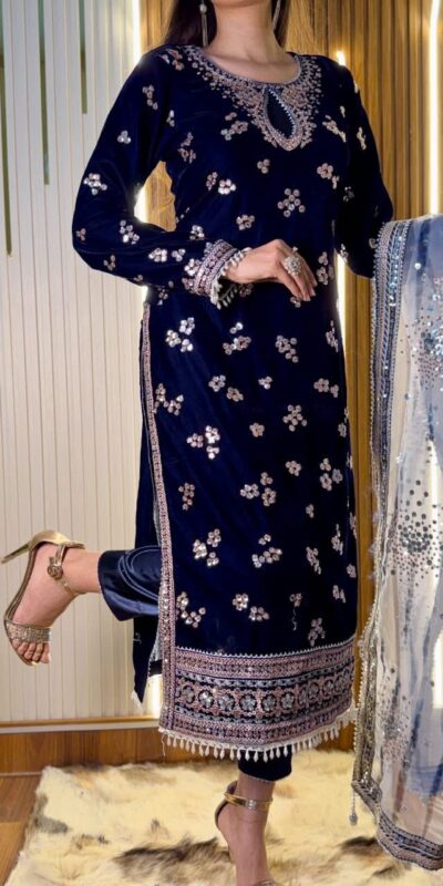 ST 1154 Navy Blue in 9000 Velvet Embroidery Work & Lace Work Salwar Suit . Now at just ₹2049. Delivery 4-6 Working Days. Shop now. | Casual Suits, Jump Suits, Creative suits, Designer Suits, Palazzo Suits, Party Wear Suits, Patiala Suits, Salwar suit, Straight Suits