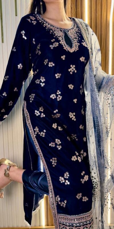 ST 1154 Navy Blue in 9000 Velvet Embroidery Work & Lace Work Salwar Suit . Now at just ₹2049. Delivery 4-6 Working Days. Shop now. | Casual Suits, Jump Suits, Creative suits, Designer Suits, Palazzo Suits, Party Wear Suits, Patiala Suits, Salwar suit, Straight Suits