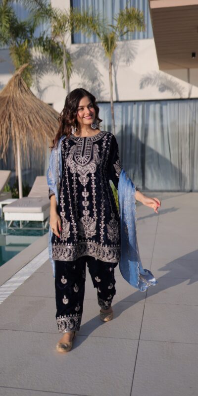 KA 1228 Navy Blue 9000 Velvet Salwar Suit Perfect for Wedding, Party, Diwali, Holi, Traditional Day – . Get it for ₹3049. Delivery 4-6 Working Days. Shop | Casual Suits, Jump Suits, Creative suits, Designer Suits, Palazzo Suits, Party Wear Suits, Patiala Suits, Salwar suit, Straight Suits
