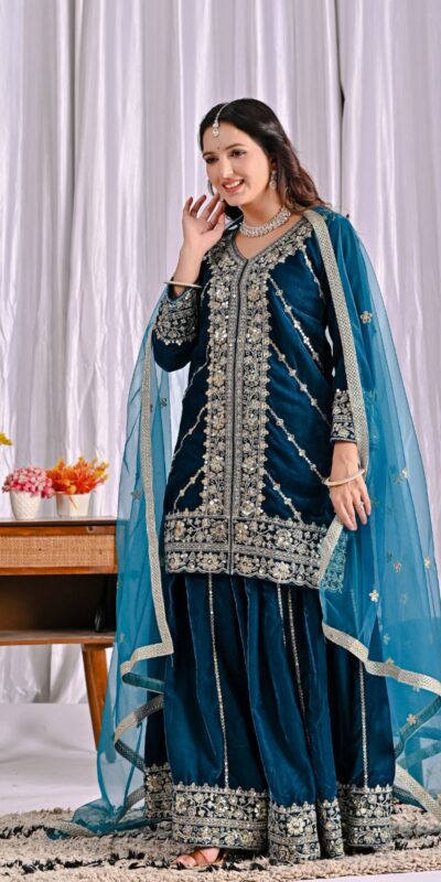 ND 5053 Navy Blue Viscous Velvet Salwar Suit with Embroidery Work. Grab it for ₹2449. Delivery 4-6 Working Days. Shop now. | Casual Suits, Jump Suits, Creative suits, Designer Suits, Palazzo Suits, Party Wear Suits, Patiala Suits, Salwar suit, Straight Suits