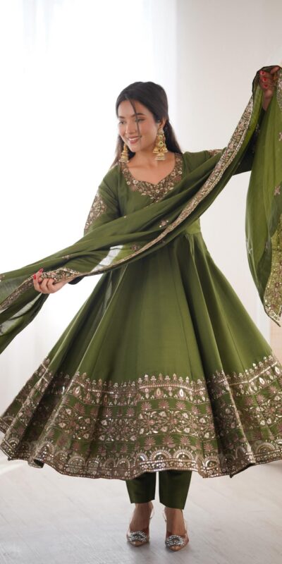 ZF 5016 Mehendi Roman Silk Gown with Embroidery Work. Wedding, Party, Festive, Events, Navratri, Exclusive Offer ₹2499. Delivery 4-6 Working Days. Shop now. | Bollywood Gowns, Creative Gowns, Designer Gowns, Embroidered Gowns, Gowns, Party Wear Gowns
