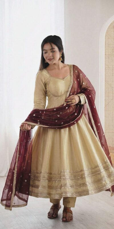ZF 5017 Off White Cosmos Gold Gown with Embroidery Work & Lace Work. Get it for ₹2099. Delivery 4-6 Working Days. Shop now. | Bollywood Gowns, Creative Gowns, Designer Gowns, Embroidered Gowns, Gowns, Party Wear Gowns