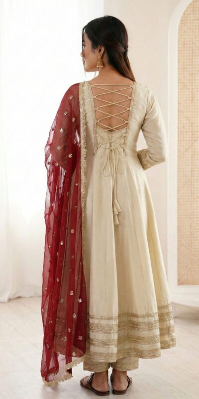 ZF 5017 Off White Cosmos Gold Gown with Embroidery Work & Lace Work. Get it for ₹2099. Delivery 4-6 Working Days. Shop now. | Bollywood Gowns, Creative Gowns, Designer Gowns, Embroidered Gowns, Gowns, Party Wear Gowns