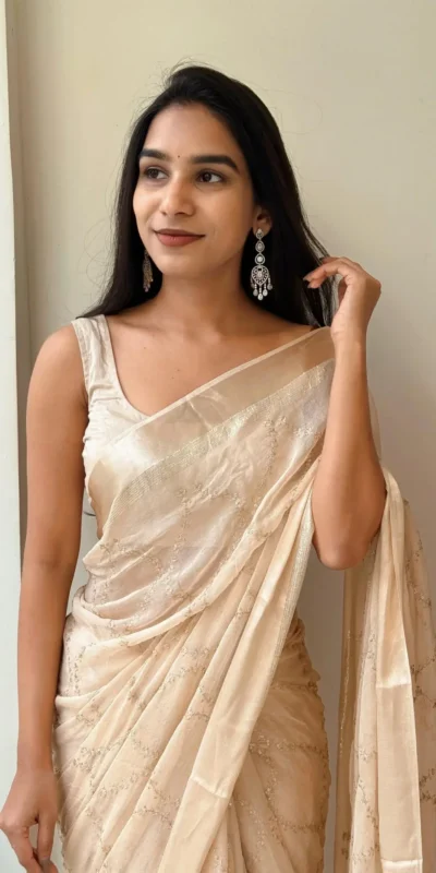 MS 505 Off White Viscose Satin Saree with Sequins Work & Embroidery Work. Special Price ₹1599. Delivery 4-6 Working Days. Shop now. | Creative Sarees, Bollywood Sarees, Designer Sarees, Embroidered Sarees, Ethnic Saree, Modern Digital sarees, Party Wear Sarees, Sarees