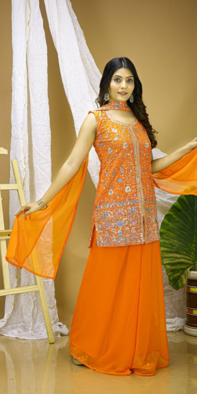 FE 124 Orange Color Georgette Salwar Suit with Embroidery Work. Introductory Price ₹1999. Delivery 4-6 Working Days. Shop now. | Casual Suits, Jump Suits, Creative suits, Designer Suits, Palazzo Suits, Party Wear Suits, Patiala Suits, Salwar suit, Straight Suits