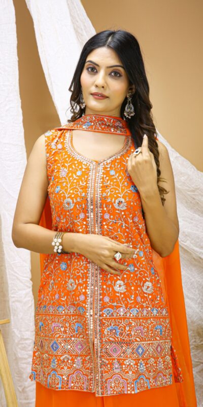 FE 124 Orange Color Georgette Salwar Suit with Embroidery Work. Introductory Price ₹1999. Delivery 4-6 Working Days. Shop now. | Casual Suits, Jump Suits, Creative suits, Designer Suits, Palazzo Suits, Party Wear Suits, Patiala Suits, Salwar suit, Straight Suits
