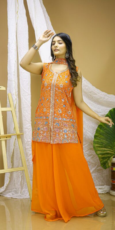 FE 124 Orange Color Georgette Salwar Suit with Embroidery Work. Introductory Price ₹1999. Delivery 4-6 Working Days. Shop now. | Casual Suits, Jump Suits, Creative suits, Designer Suits, Palazzo Suits, Party Wear Suits, Patiala Suits, Salwar suit, Straight Suits