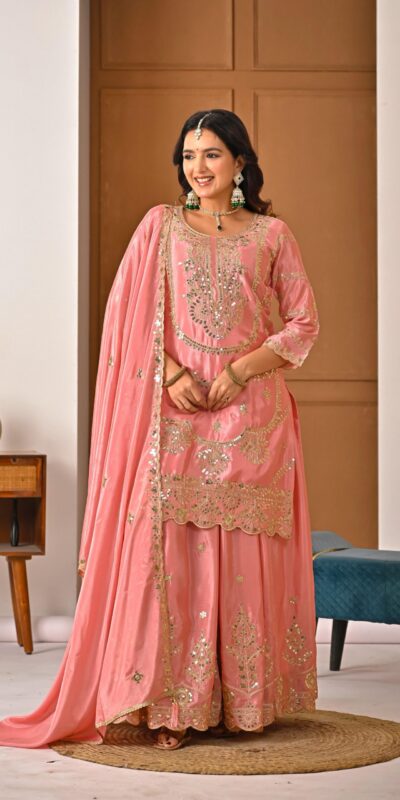 ND 5033 Peach Chinon Silk Salwar Suit with Embroidery Work & Lace Work. Affordable Price ₹2149. Delivery 4-6 Working Days. Shop now. | Casual Suits, Jump Suits, Creative suits, Designer Suits, Palazzo Suits, Party Wear Suits, Patiala Suits, Salwar suit, Straight Suits
