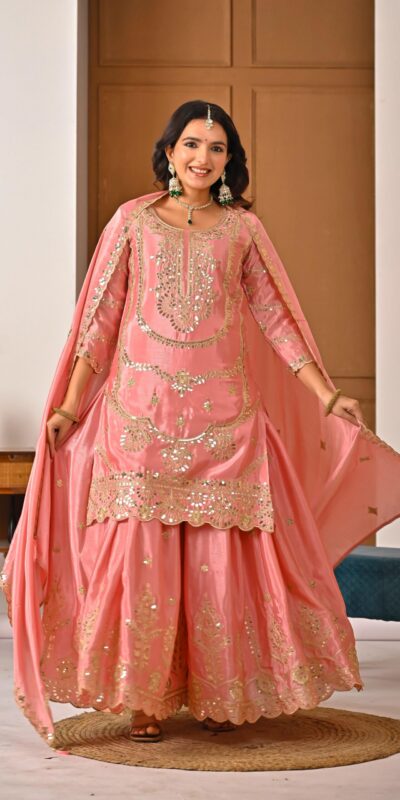 ND 5033 Peach Chinon Silk Salwar Suit with Embroidery Work & Lace Work. Affordable Price ₹2149. Delivery 4-6 Working Days. Shop now. | Casual Suits, Jump Suits, Creative suits, Designer Suits, Palazzo Suits, Party Wear Suits, Patiala Suits, Salwar suit, Straight Suits