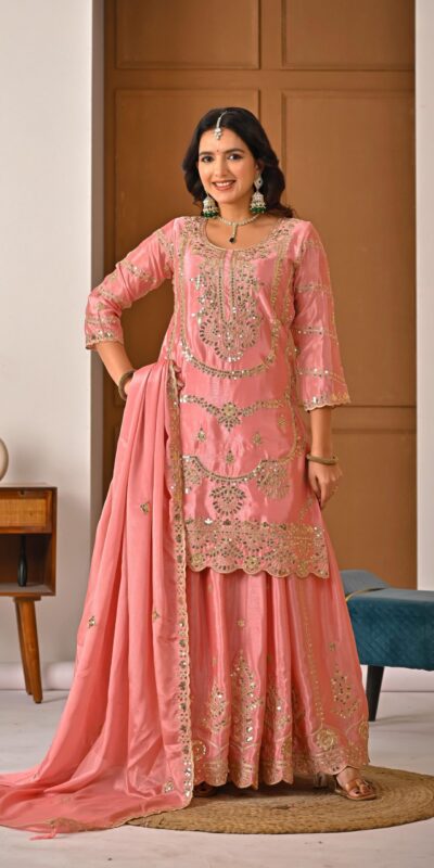 ND 5033 Peach Chinon Silk Salwar Suit with Embroidery Work & Lace Work. Affordable Price ₹2149. Delivery 4-6 Working Days. Shop now. | Casual Suits, Jump Suits, Creative suits, Designer Suits, Palazzo Suits, Party Wear Suits, Patiala Suits, Salwar suit, Straight Suits