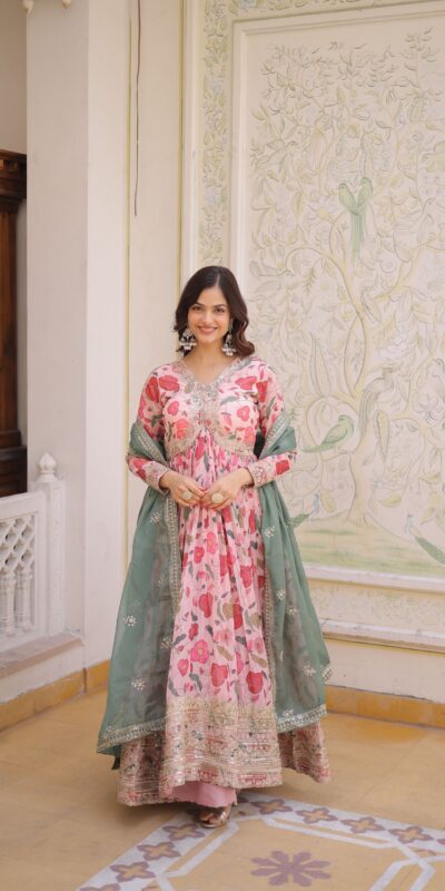 KA 1225 Peach Peach Russian Silk Gown with Embroidery Work & Zari Work. Special Price ₹2599. Delivery 4-6 Working Days. Shop now. | Bollywood Gowns, Creative Gowns, Designer Gowns, Embroidered Gowns, Gowns, Party Wear Gowns