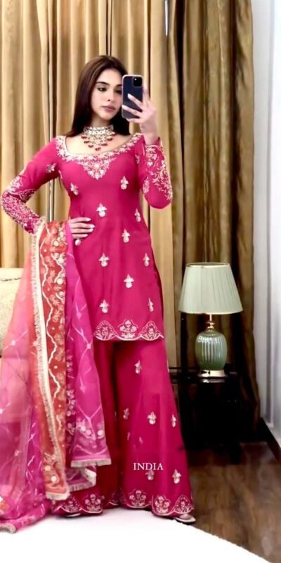 WW 1223 Pink Color Chinon Silk Sawlar Suit with Embroidery Work. Exclusive Offer ₹2099. Delivery 4-6 Working Days. Shop now. | Casual Suits, Jump Suits, Creative suits, Designer Suits, Palazzo Suits, Party Wear Suits, Patiala Suits, Salwar suit, Straight Suits