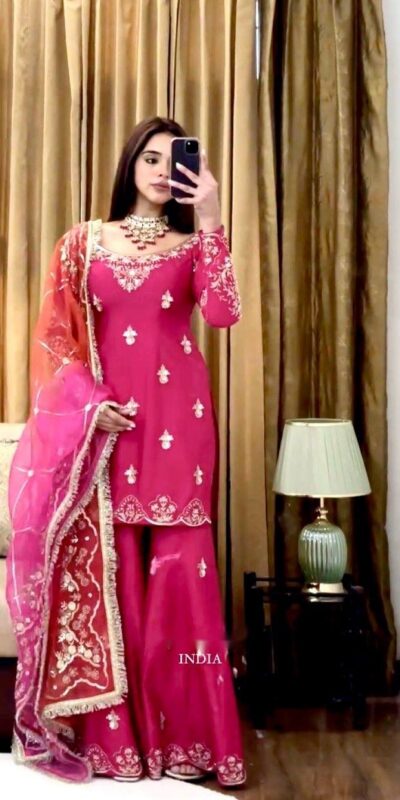 WW 1223 Pink Color Chinon Silk Sawlar Suit with Embroidery Work. Exclusive Offer ₹2099. Delivery 4-6 Working Days. Shop now. | Casual Suits, Jump Suits, Creative suits, Designer Suits, Palazzo Suits, Party Wear Suits, Patiala Suits, Salwar suit, Straight Suits
