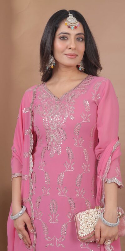 FE 125 Pink Color Georgette Salwar Suit with Embroidery Work. Introductory Price ₹1999. Delivery 4-6 Working Days. Shop now. | Casual Suits, Jump Suits, Creative suits, Designer Suits, Palazzo Suits, Party Wear Suits, Patiala Suits, Salwar suit, Straight Suits