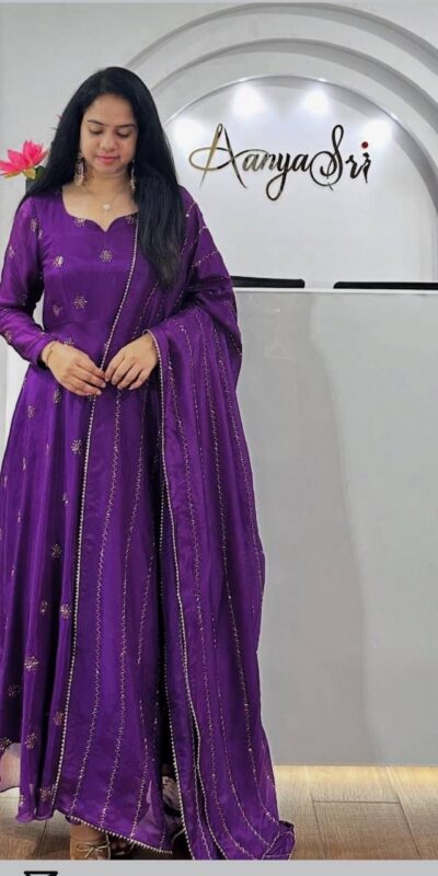 PC 482 Purple Chinon Gown with Embroidery Work. Wedding, Party, Festive, Events, Introductory Price ₹1949. Delivery 4-6 Working Days. Shop now. | Bollywood Gowns, Creative Gowns, Designer Gowns, Embroidered Gowns, Gowns, Party Wear Gowns