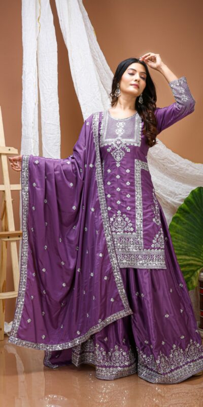 FE 127 Purple Natural Crep Salwar Suit Brown with Embroidery Work. Exclusive Offer ₹2449. Delivery 4-6 Working Days. Shop now. | Casual Suits, Jump Suits, Creative suits, Designer Suits, Palazzo Suits, Party Wear Suits, Patiala Suits, Salwar suit, Straight Suits