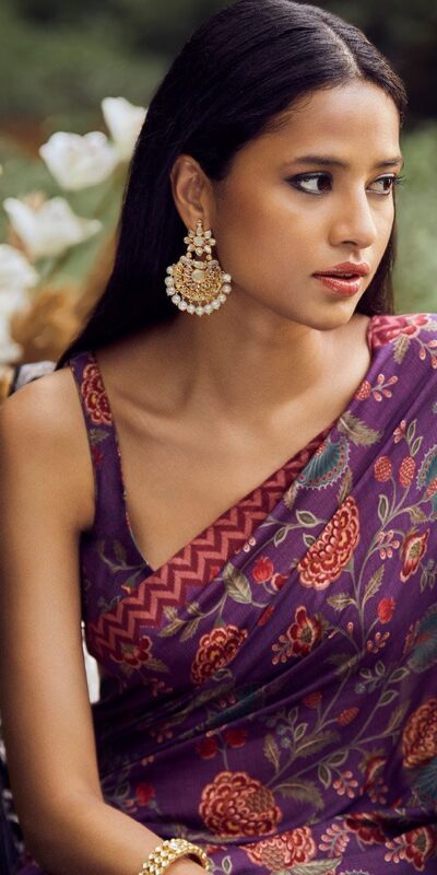 KT 174 Purple Digital Print & Lace Work Saree in Blue Softy Silk. Introductory Price ₹1474. Delivery 4-6 Working Days. Shop now. | Creative Sarees, Bollywood Sarees, Designer Sarees, Embroidered Sarees, Ethnic Saree, Modern Digital sarees, Party Wear Sarees, Sarees