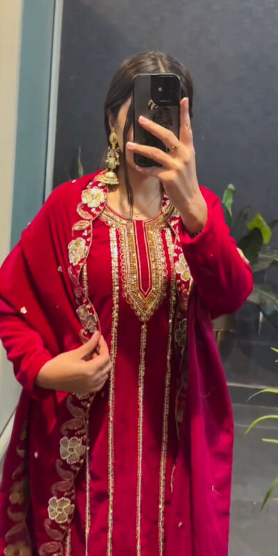 ST 1134 Red 9000 Velvet Salwar Suit with Lace Work & Embroidery Work. Available at ₹2099 only. Delivery 4-6 Working Days. Shop now. | Casual Suits, Jump Suits, Creative suits, Designer Suits, Palazzo Suits, Party Wear Suits, Patiala Suits, Salwar suit, Straight Suits