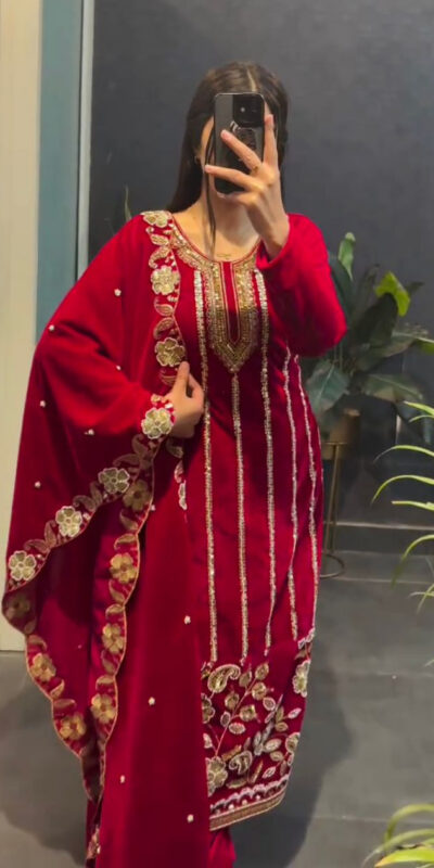 ST 1134 Red 9000 Velvet Salwar Suit with Lace Work & Embroidery Work. Available at ₹2099 only. Delivery 4-6 Working Days. Shop now. | Casual Suits, Jump Suits, Creative suits, Designer Suits, Palazzo Suits, Party Wear Suits, Patiala Suits, Salwar suit, Straight Suits