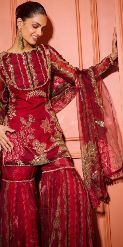 LG 2066 Red Soft Organza Salwar Suit with Embroidery Work & Mirror Work. Best Price ₹2499. Delivery 4-6 Working Days. Shop now. | Casual Suits, Jump Suits, Creative suits, Designer Suits, Palazzo Suits, Party Wear Suits, Patiala Suits, Salwar suit, Straight Suits